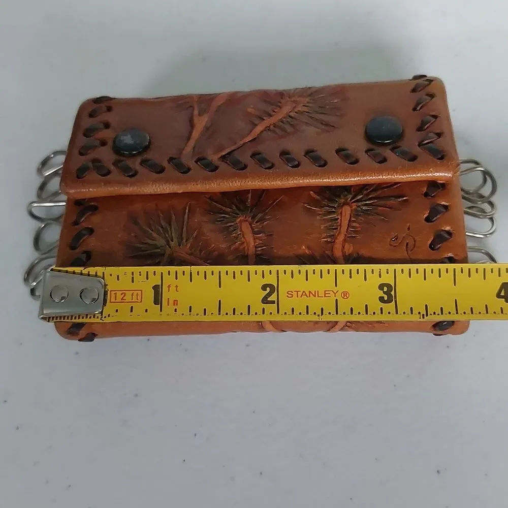 Vintage 60s Tooled Leather 12 Slots Key Holder Trifold Wallet